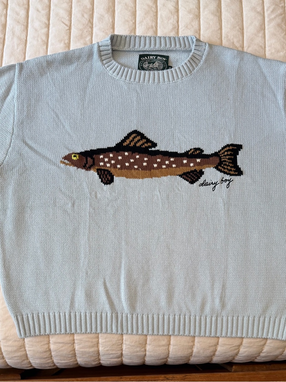 Dairy Boy Light Blue Crewneck Sweater with Fish Intarsia - Classic Crew - Picture 2 of 4